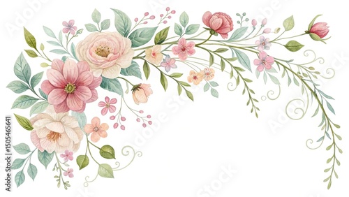 Watercolor floral arrangement with pastel pink roses and foliage on white background