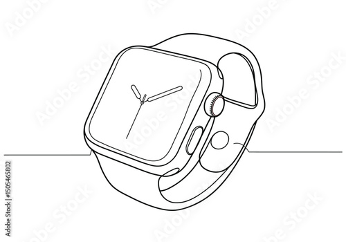 Apple watch drawing. It is a black and white outline image of a modern smartwatch, specifically an Apple Watch, with its band and screen. Vector sketch line art draw.