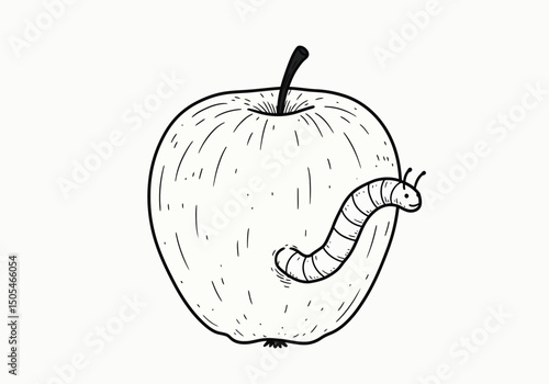 Apple with worm drawing. It is a black and white outline image of an apple with a worm emerging from a bite or hole. Vector sketch line art draw.