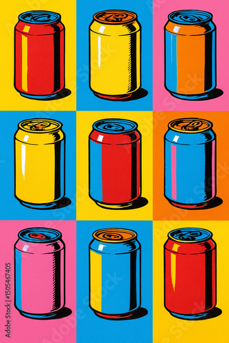 Colorful pop art illustration with soda cans of different bright colors. 80's style.