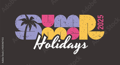 Summer holidays retro style lettering. T-shirt, banner, card or logo vintage design with geometric text and palm tree silhouette.