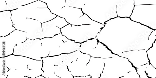 A high-contrast black and white image of cracked, dry earth with deep fractures spreading across the surface, resembling drought-affected soil or old peeling paint. 