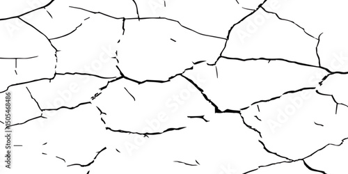 A high-contrast black and white image of cracked, dry earth with deep fractures spreading across the surface, resembling drought-affected soil or old peeling paint. 