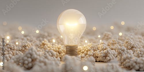 Glowing lightbulb amidst soft, textured, off-white forms, illuminated by subtle ambient lighting, suggesting ideas or inspiration