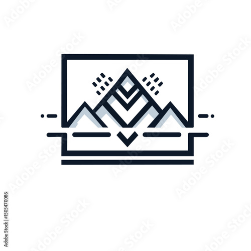 Vector image displays stylized monoline mountains within a rectangular frame accented with dashed lines and horizontal elements