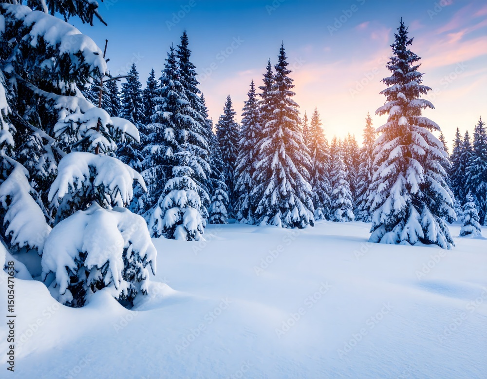 Obraz premium Winter Wonderland with Snow-Covered Trees at Sunset in Nature