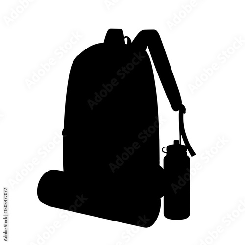 Silhouette of backpack with sleeping mat and bottle – minimalist adventure gear