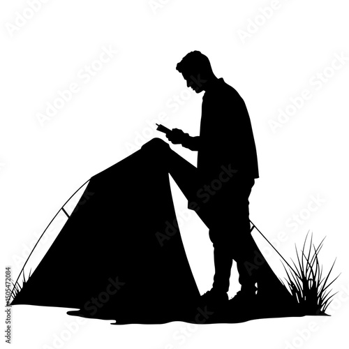 Silhouette of person sketching at camp with tent – artistic outdoor leisure