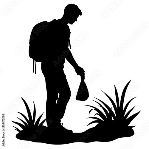 Silhouette of hiker cleaning trail litter – nature conservation and stewardship