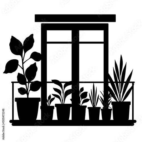 Silhouette of urban balcony with potted plants – sustainable city gardening