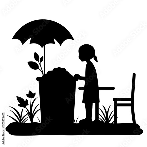 Silhouette of girl with compost bin and outdoor dining – sustainable waste practices
