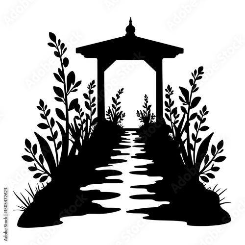 Silhouette of herb garden path near gazebo – eco landscaping and greenery