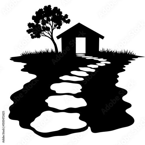 Silhouette of pathway to private cabin – nature retreat and rustic escape