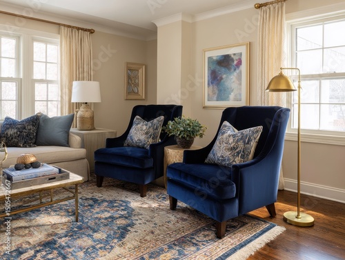 A living room featuring a luxurious blue velvet armchair and a neutral sofa.