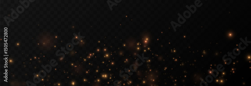 Golden glow dust png. Spraying glitter on isolated transparent background. Sparkling light or sparkling dust png. Christmas light.