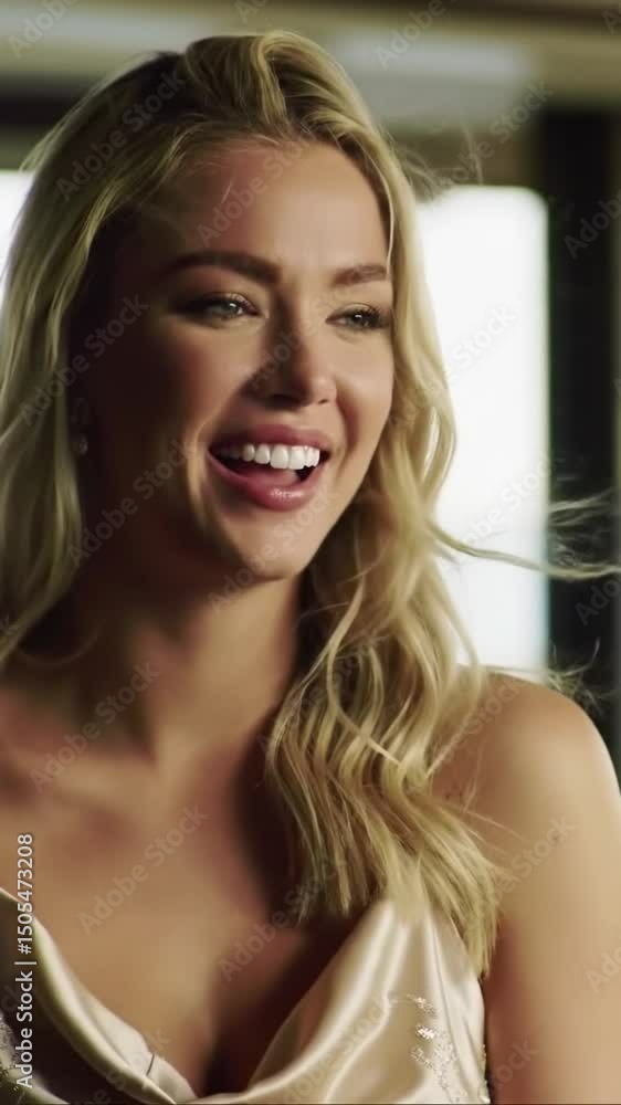 Close-up portrait of a beautiful smiling young woman with blonde wavy hair and glamour makeup, bokeh lights. Conveys beauty, happiness, confidence, and sophisticated feminine charm. Close-up portrait of a beautiful smiling young woman with blonde wavy hair and glamour makeup, bokeh lights. Conveys beauty, happiness, confidence, and sophisticated feminine charm.
