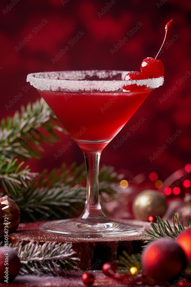 Festive red cocktail with sugared rim for Christmas Party Season. Holiday celebration and drink concept.
Festive red cocktail with sugared rim for Christmas Party Season. Holiday celebration and drink concept.