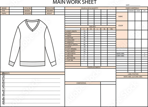 V-NECK SPEC SHEET DESIGN ILLUSTRATION FOR GARMENTS FASHION