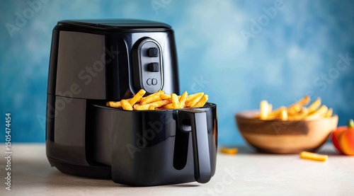 Black air fryer with golden french fries partially inside, a wooden bowl of fries, and a blurred blue background