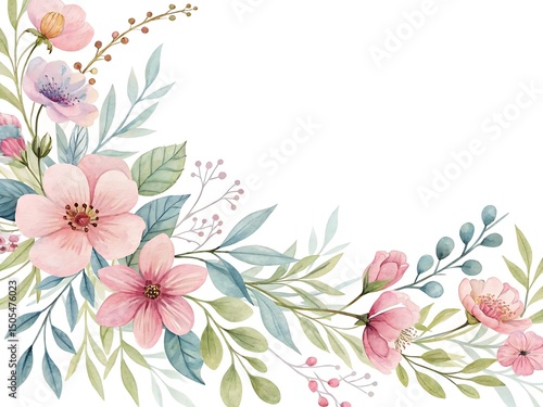 Watercolor Floral Border Illustration with Pink and Light Blue Flowers for Design