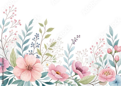 Watercolor Floral Border with Pink Flowers, Green Leaves, and Berry Accents