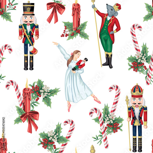 Christmas nutcracker, ballerina, mouse king, candy cane, , candle and mistletoe seamless pattern. Holiday decoration wallpaper.	