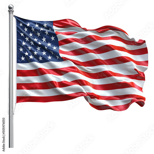 A vibrant american flag waving proudly on a silver flagpole against a stark black background backdrop
