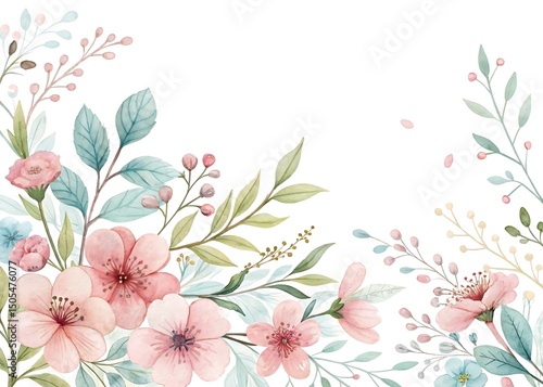 Elegant Watercolor Floral Arrangement with Pink Blossoms and Light Green Leaves Design
