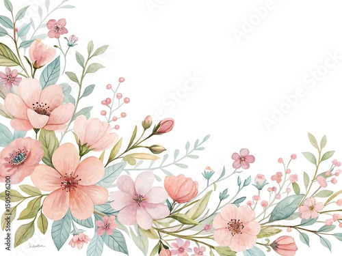 Watercolor floral arrangement with pink blooms and delicate leaves for spring
