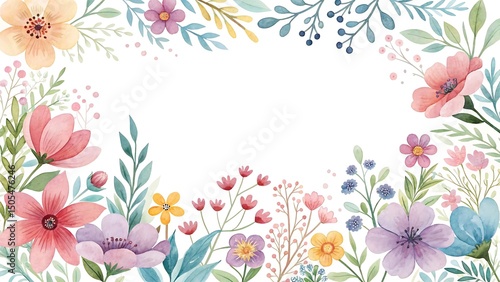 Watercolor floral frame with assorted flowers and leaves in pastel colors
