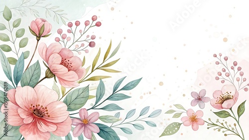 Watercolor floral illustration with delicate pink flowers, berries, and leaves, artistic design