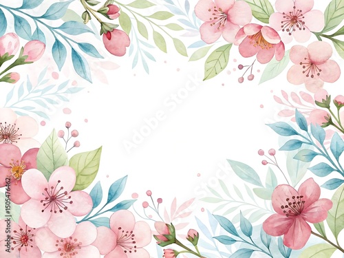 Watercolor Cherry Blossoms and Leaves Frame with Soft Pastel Colors