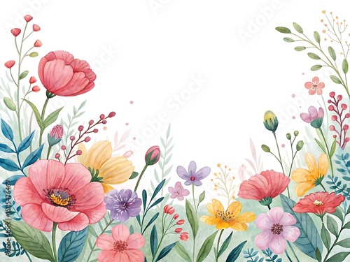 Delicate watercolor floral arrangement with vibrant blooms and verdant foliage border