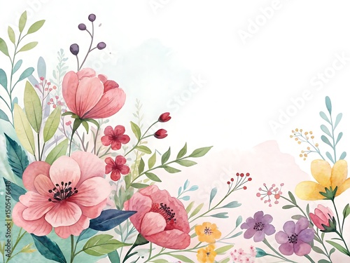 Watercolor floral composition with pink, yellow, and purple flowers and green leaves