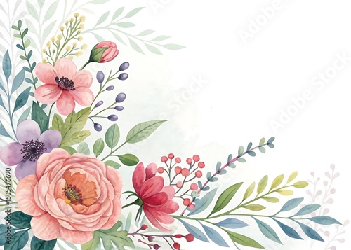 Watercolor floral arrangement of pink, red, and purple flowers and green foliage