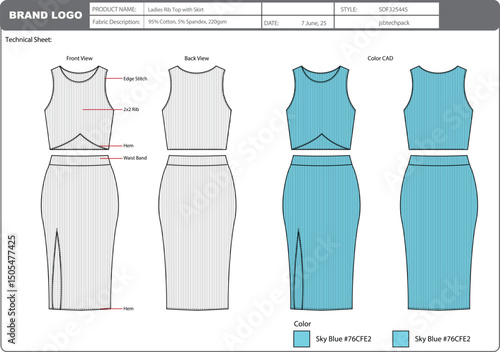 Ladies top with skirt Tech pack with color CAD