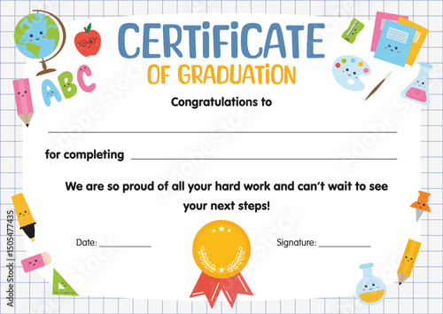 Graduation Certificate for kids, Certificate of appreciation for children. Graduating elementary school, kindergarten, course, program. Kids diploma template, for school preschool kindergarten, studdi