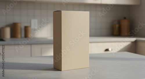 Plain cereal box, standing upright on kitchen counter