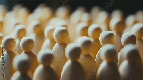 A close up shot of a crowd of wooden figures with round heads in a blurred background style image