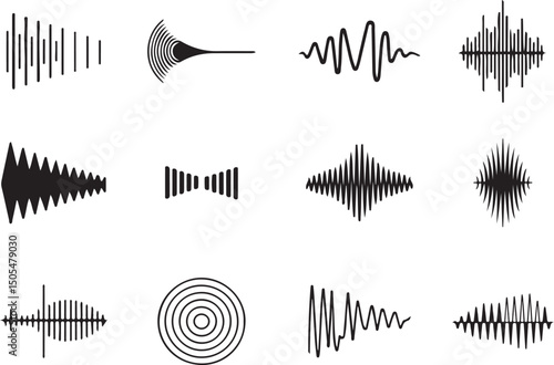 Set of Twelve Black Sound Waveforms on a Transparent Background, Audio Icons