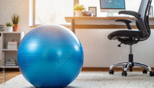 Blue exercise ball in modern home office setting with desk  