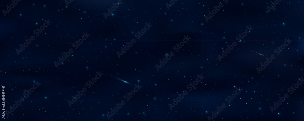 Obraz premium Abstract starry sky with falling asteroids. Universe background with shimmering stars. Deep cosmos and black outer space concept. Vector illustration