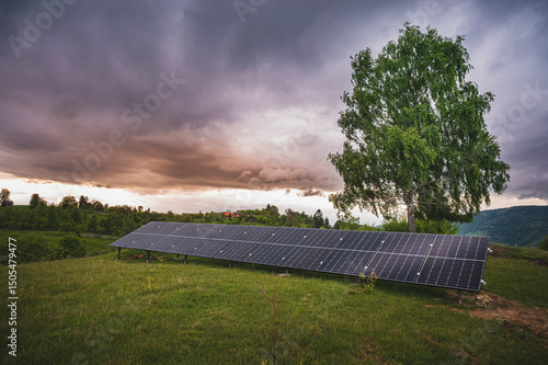 birch tree mountain landscape Romania, rainy summer, solar panels on alpine pastures green technology