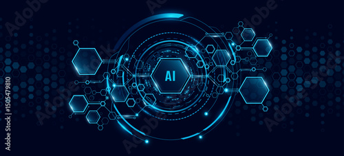 Futuristic AI chart of connected digital blue hexagons with glowing HUD circle for UI or GUI design. Abstract cyber honeycombs frame for Business Technology background. Vector illustration