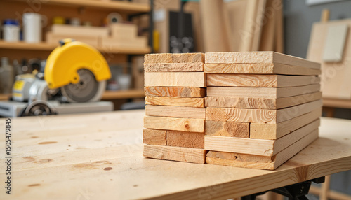 Stack of wooden planks on workbench in carpentry workshop