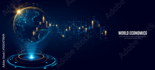 Holographic planet Earth with investment financial data and glowing HUD circle. World economics concept and stock market trading graph. Business technology background. Vector illustration