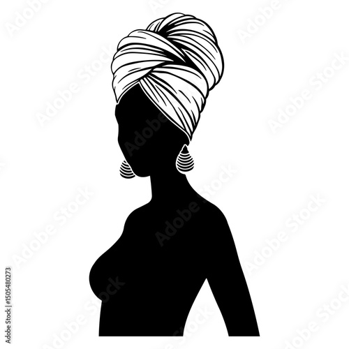 Elegant black silhouette of a woman with earrings and a headdress or towel. Minimalist style for beauty, spa and fashion concepts.