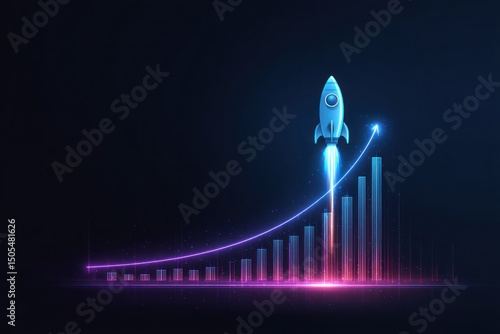 A blue rocket launching above a rising bar graph with a glowing purple arrow line going up