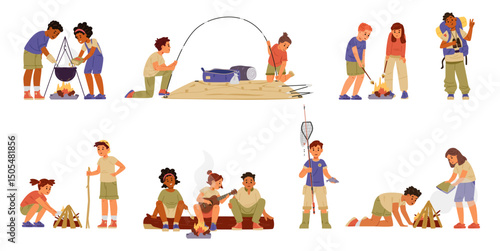 Multiracial children camping flat vector illustrations set isolated on white. Diverse kids making food on fire, playing ukulele, making bonfire, fishing, roasting marshmallow, putting up a tent. 