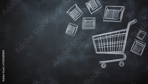 Hand-drawn Shopping Cart and Boxes Illustration on a Chalkboard Surface